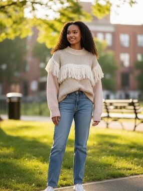 Rebecca Taylor Fringe Alpaca Wool Sweater Neutral Colorblock Pullover NWT